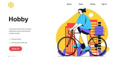 Hobby web banner concept. Smiling woman is riding bicycle. Happy girl cycling bike. Entertainment and leisure outdoor, landing page template. Vector illustration with people scene in flat design