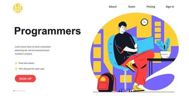 Programmers working web banner concept. Man works on laptop in office workplace, creates software, codes and tests programs, landing page template. Vector illustration with people scene in flat design