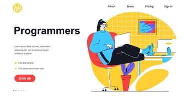 Programmers working web banner concept. Woman working on laptop in office workplace, programing code and creates software, landing page template. Vector illustration with people scene in flat design