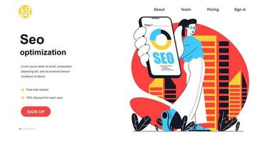 Seo optimization web banner concept. Woman settings search results, optimizes site, analyzes data using mobile application, landing page template. Vector illustration with people scene in flat design