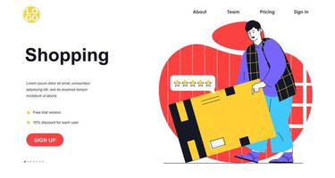 Shopping web banner concept. Man makes purchases at sale, receives order and parcel with delivery service, buying at store, landing page template. Vector illustration with people scene in flat design