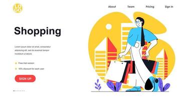 concepto de banner web comercial. mujer hace compras en venta y sostiene bolsas, compra en tienda, mercado o centro comercial, plantilla de página de destino de consumismo. ilustración vectorial con escena de personas en diseño plano vector