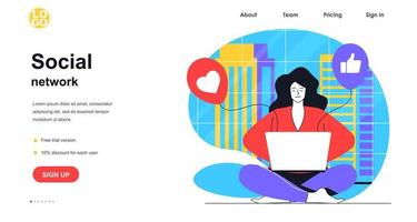 Social network web banner concept. Woman using laptop for browsing, posting, collects likes and hearts, online communication landing page template. Vector illustration with people scene in flat design
