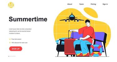 concepto de banner web de vacaciones de verano. hombre con maleta y se va de viaje, pasajero viajero con equipaje en el aeropuerto, plantilla de página de destino. ilustración vectorial con escena de personas en diseño plano vector