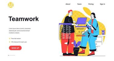Teamwork web banner concept. Man and woman colleagues discussing work tasks at meeting, collaboration and brainstorming, landing page template. Vector illustration with people scene in flat design