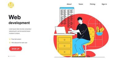 Web development web banner concept. Man works with code on laptop, tests and optimizes page, customizes and programming, landing page template. Vector illustration with people scene in flat design