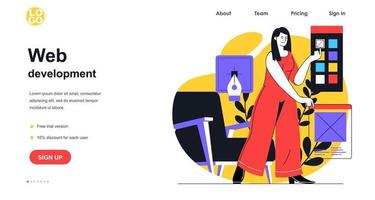 Web development web banner concept. Woman designer works with graphic elements and chooses color palette of site interface, landing page template. Vector illustration with people scene in flat design