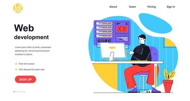 Web development web banner concept. Man designer works with graphic elements, creates and optimizes code of site interface, landing page template. Vector illustration with people scene in flat design