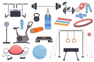 conjunto de elementos aislados de equipamiento deportivo. paquete de barra, mancuernas, pesas rusas, hula hoop, bicicleta estática, aparatos de gimnasia y otros. kit de creador para ilustración vectorial en diseño plano de dibujos animados vector