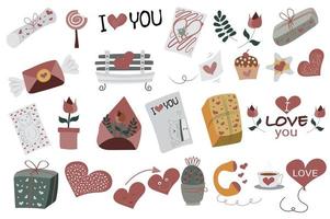 Valentines Day isolated elements set. Bundle of holiday decor, romantic letters, love hearts, flowers, gifts, dating bench, cakes and other. Creator kit for vector illustration in flat cartoon design