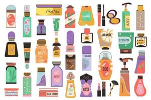 productos cosméticos conjunto de elementos aislados. paquete de frascos con lociones, champú, cremas o aceites corporales, lápiz labial, rímel, perfume y otros. kit de creador para ilustración vectorial en diseño plano de dibujos animados vector