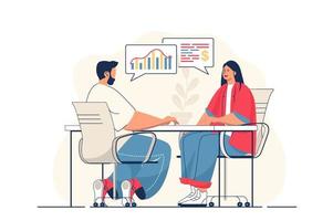 Business meeting concept for web banner. Man and woman discussing work tasks and financial strategy of company, modern person scene. Vector illustration in flat cartoon design with people characters