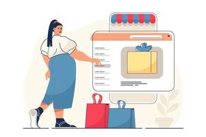 concepto de comercio móvil para banner web. mujer haciendo compras ordenando en la tienda del sitio web, pago en línea en la escena de la persona moderna de la aplicación. ilustración vectorial en diseño plano de dibujos animados con personajes de personas vector