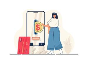 concepto de banca móvil para banner web. La mujer paga las compras en la escena de la persona moderna de aplicaciones móviles, contabilidad y transacciones. ilustración vectorial en diseño plano de dibujos animados con personajes de personas vector