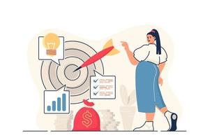 Business target concept for web banner. Woman following successful business strategy, aim at target, achievement modern person scene. Vector illustration in flat cartoon design with people characters