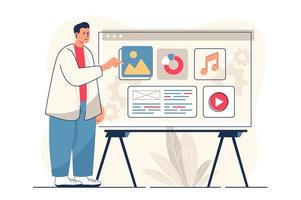 Content manager concept for web banner. Man fills site with video, audio and graphic content and analyzes data, modern person scene. Vector illustration in flat cartoon design with people characters