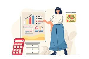 Planning financial budget concept for web banner. Woman analyzes financial statistics and creates invest strategy modern person scene. Vector illustration in flat cartoon design with people characters