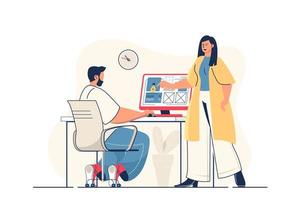 Design studio concept for web banner. Woman and man designers team create website layout and draw elements, modern person scene. Vector illustration in flat cartoon design with people characters