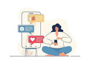 Social network concept for web banner. Woman writes messages, chats, browsing news feed, posts and likes in app modern person scene. Vector illustration in flat cartoon design with people characters