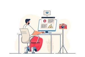 concepto de blogs para banner web. hombre blogger escribe un artículo y publica una nueva publicación en el blog para seguidores, escena de la persona moderna. ilustración vectorial en diseño plano de dibujos animados con personajes de personas vector