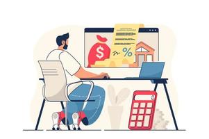 Mortgage concept for web banner. Man takes out mortgage online, signs contract with bank to buy new house, modern person scene. Vector illustration in flat cartoon design with people characters