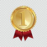 Champion Art Golden Medal with Red Ribbon l Icon Sign First Place Isolated on Transparent Background. Vector Illustration