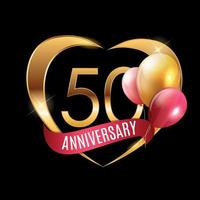 Template Gold Logo 50 Years Anniversary with Ribbon and Balloons Vector Illustration
