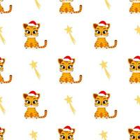 Seamless pattern of new year cute tiger cubs, a symbol of new 2022 year on white background. New Year and Christmas. Vector illustration for postcard, banner, web, decor, design, arts, calendar.