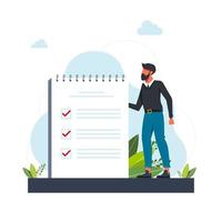 man, manager prioritizing tasks in to do list. man taking notes, planning his work, underlining important points. Vector illustration for agenda, checklist, management, efficiency concept