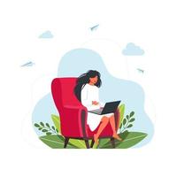 Working studying at home. People at home in self quarantine. freelance. Girl with laptop sitting on chair bag. Concept illustration for working, studying, education, work from home, healthy lifestyle. vector