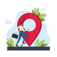 el hombre corre hacia la geolocalización. símbolo de geolocalización. Aplicación de servicio de navegación GPS. mapas, obtener metáforas de direcciones. ilustraciones de metáfora de concepto aislado de vector. obtener direcciones concepto abstracto vector