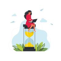 Attractive Woman working on laptop while sitting on hourglass Time management concept. Multitasking, productivity, time management concept. Woman sitting on hourglass.Productive work. Time management vector