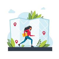 mujer corre hacia la geolocalización. Aplicación de servicio de navegación GPS. mapas, obtener metáforas de direcciones. ilustraciones de metáfora de concepto aislado de vector. obtener direcciones concepto abstracto vector