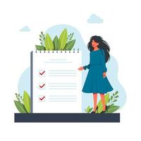 mujer, gerente que prioriza las tareas en la lista de tareas pendientes. mujer tomando notas, planificando su trabajo, subrayando puntos importantes. ilustración vectorial para agenda, lista de verificación, gestión, concepto de eficiencia vector