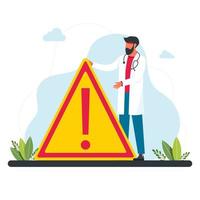a doctor stands in front of a large warning sign. a doctor in a white coat warns of danger. concept of medicine and human protection. vector illustration