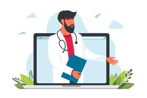 consulta médica en línea desde la computadora portátil. consulta online de un médico de familia. atención médica a distancia. ilustración vectorial. telemedicina. servicios de salud, consulte a un médico. vector