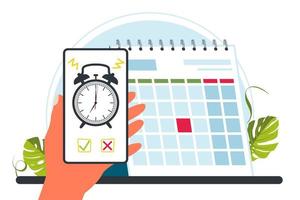 calendar, alarm clock. time management concept, deadline. Appointment, important date concept. Alarm clock on a smartphone screen in hand. Calendar date deadline notification. Vector illustration