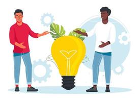 African men stands by a large light bulb. Business idea concept isolated. Creation, implementation of business innovations. Vector illustration. Implementation, integration of innovative ideas concept