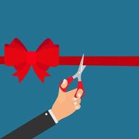Hand scissors cutting red ribbon. Grand opening concept. Vector Illustration