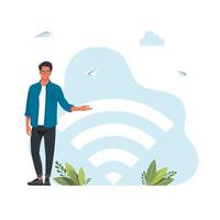 People in free internet zone using mobile gadgets, tablet pc and smartphone. big wifi sign. Free wifi hotspot, wifi bar, public assess zone, portable device concept. Vector illustration