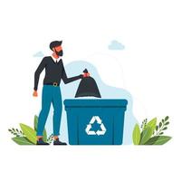 un hombre arroja una bolsa de basura en un bote de basura, letrero de reciclaje de basura personas voluntarias, ecología, concepto de medio ambiente humano, el hombre tira basura en la ilustración bin.vector de basura. concepto de planeta limpio vector
