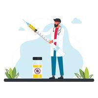 tiny doctor is holding an insulin syringe for vaccination.man holding injection syringe with drug or vaccine.Concept of breakthrough and achievement of medical science in virus and infection treatment vector