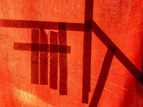 Abstract composition in vivid red with parallel and random lines. photo