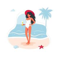 pregnant girl in a swimsuit holding sunscreen on the beach. Pregnant young brunette woman awaiting baby birth. Mother in swimsuit with long black hair. care of the skin of pregnant women from uv rays vector