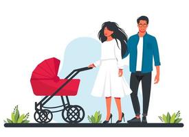 mujer bonita y hombre con cochecito y bebé. mamá y papá caminando con sus hijos pequeños. maternidad y paternidad. Ilustración de vector de concepto de embarazo y maternidad. padres sonrientes felices.