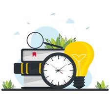 Vector illustration, distance education, online courses and business, education, online books and study guides, exam preparation, home teaching, clock with a magnifying glass and a stack of books