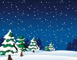 Snow falling at night background with Christmas tree vector