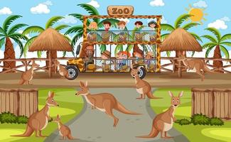 Escena de safari con niños en coche turístico viendo grupo canguro