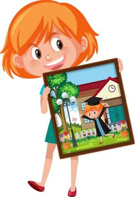 Cartoon character of a girl holding her graduation photo