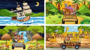 Conjunto de diferentes escenas con animales en el zoológico y barco pirata en el mar. vector